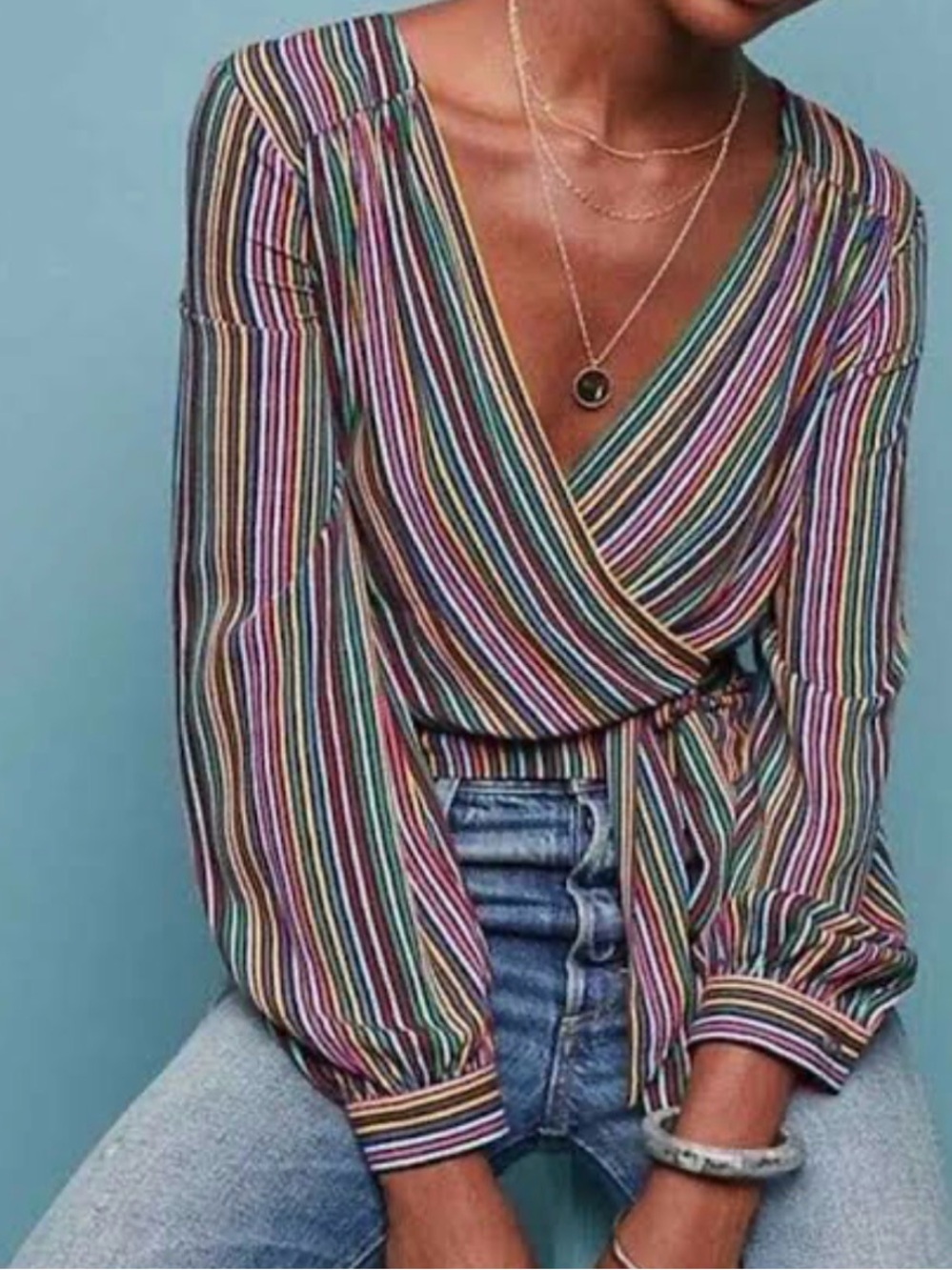 Anthropologie Maeve Multicolor Vertical-Stripe Wrap Blouse